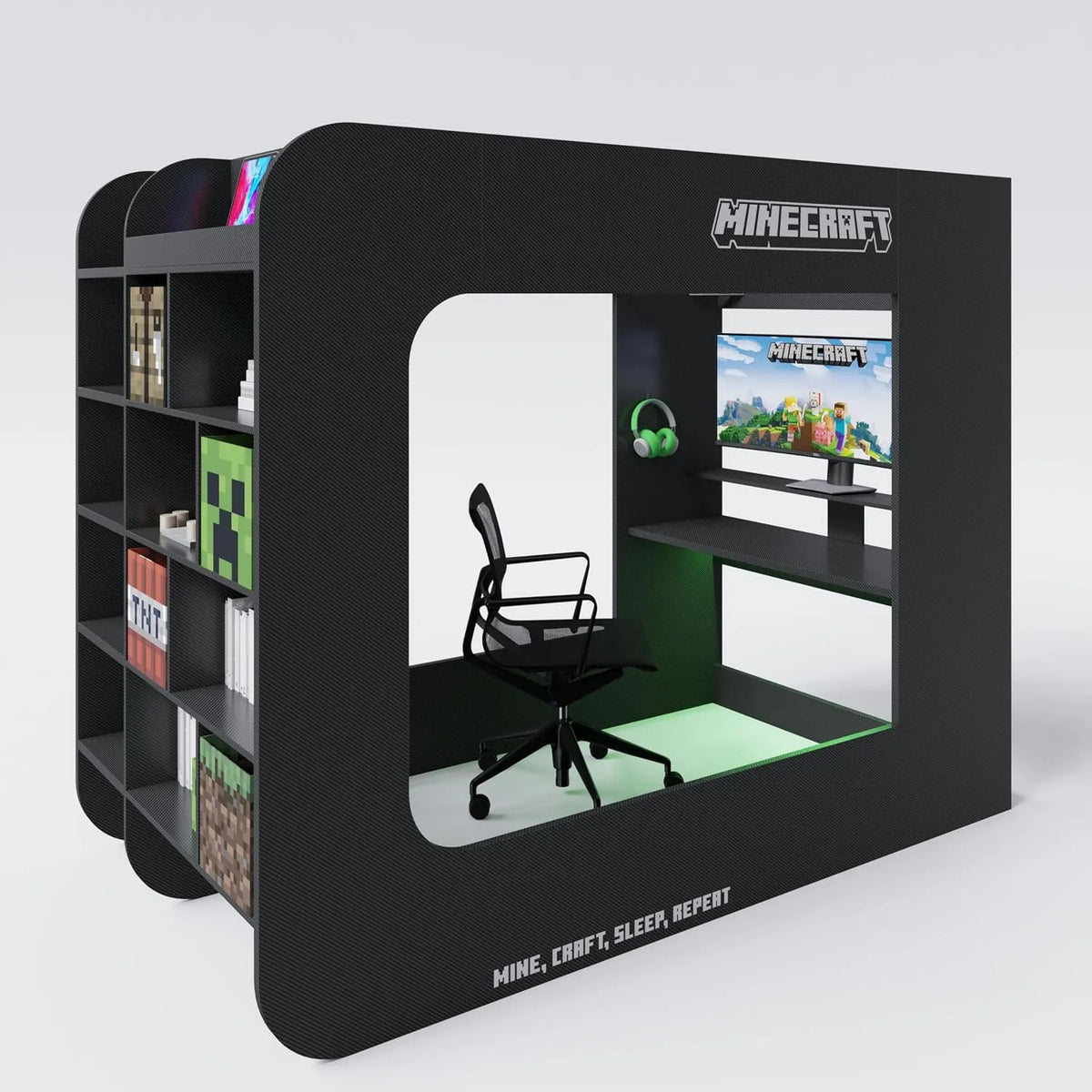 Etagenbett und Hochbett – mit Stauraum, mit Schreibtisch, mit Leiter, für Gaming, 120 × 90cm, schwarz