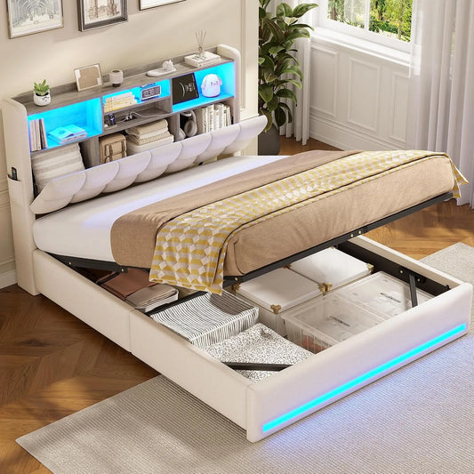 Polsterbett und gepolstertes Bettgestell: mit Stauraum, mit USB-Anschluss, hydraulischer Mechanismus, LED-Anzeige, 140×200cm, 140 × 200cm, blau