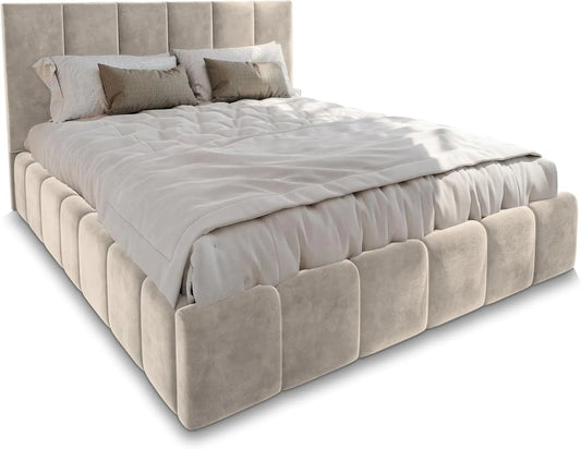 Polsterbett und gepolstertes Bettgestell: TARANTO, mit Stauraum, mit Bettkasten, mit Lattenrost, 140 × 200 cm, beige