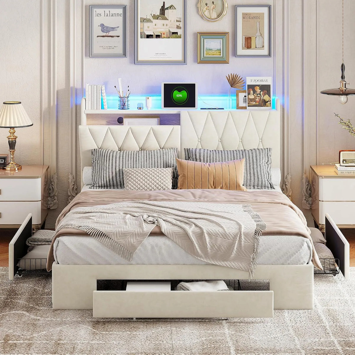 Polsterbett und gepolstertes Bettgestell: mit Stauraum, mit Schubladen, mit USB-Anschluss, mit Samtbezug, 140 × 200 cm, mit LED-Beleuchtung