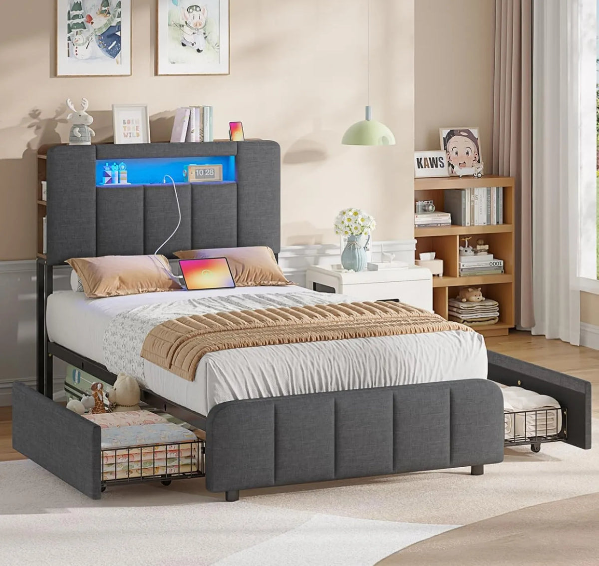 Polsterbett und gepolstertes Bettgestell – mit Stauraum, mit Schubladen, LED-Anzeige, 2 Schubladen, 90 × 200 cm, grau