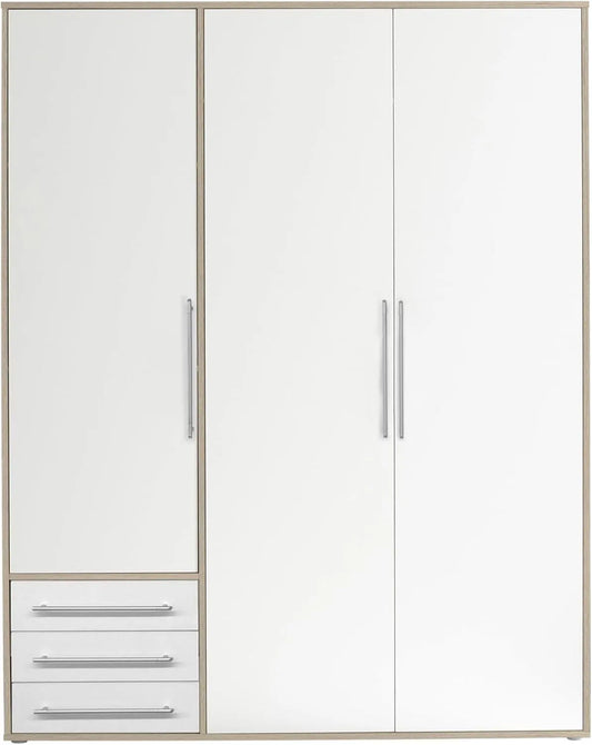 Kleiderschrank und Garderobenschrank – LYSS, mit Schubladen, 3-türig, 155 × 194 × 58 cm, weiß