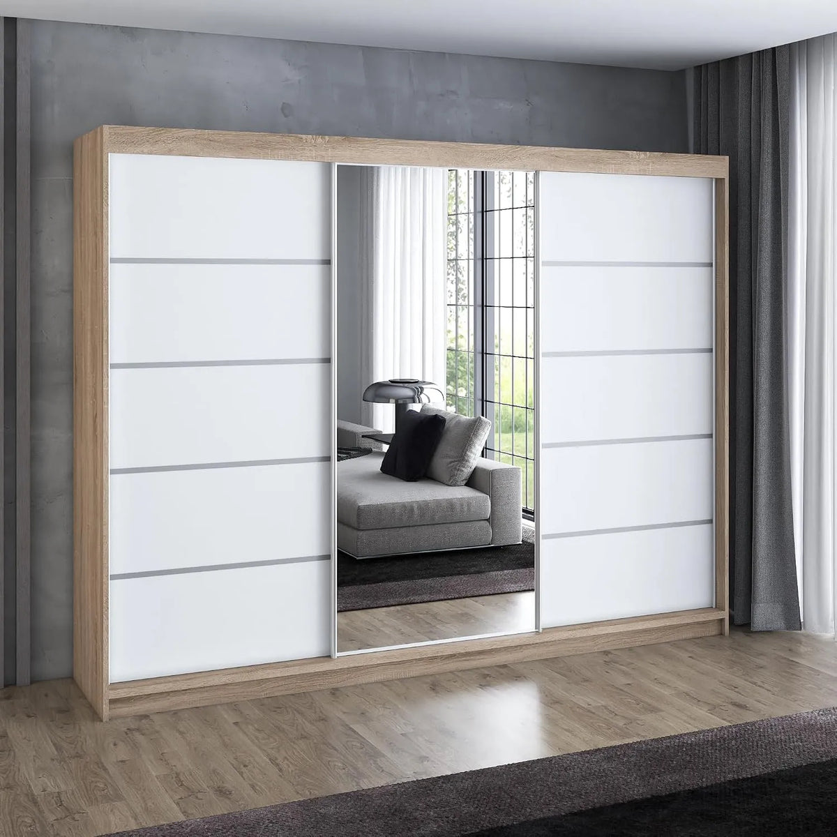 Kleiderschrank und Garderobenschrank — VILUNO, mit Schubladen, mit Kleiderstange, mit Spiegel, 3-türig, 4 Schubladen, 200 cm