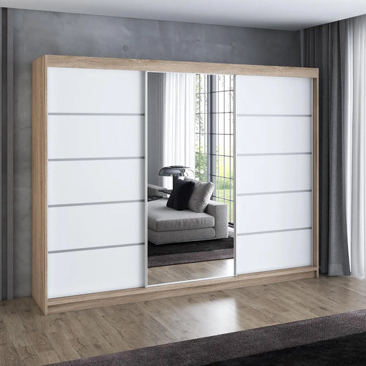 Kleiderschrank und Garderobenschrank — VILUNO, mit Schubladen, mit Kleiderstange, mit Spiegel, 3-türig, 4 Schubladen, 200 cm
