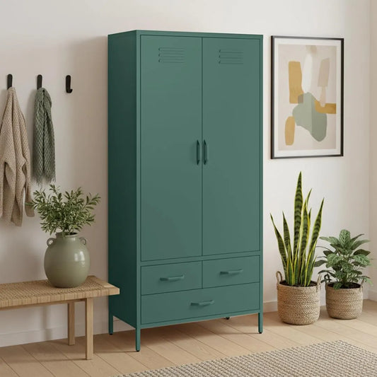 Metallschrank und Aufbewahrungsschrank — Flurschrank, aus Metall, mit Schubladen, mit Kleiderstange, 3 Schubladen, 80 cm, grün