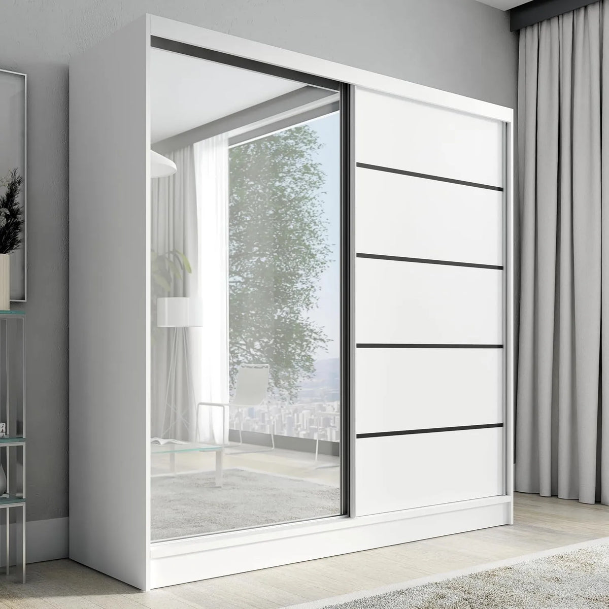 Kleiderschrank und Garderobenschrank — mit Schubladen, mit Spiegel, 2-türig, 200 cm, schwarz