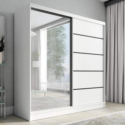 Kleiderschrank und Garderobenschrank — mit Schubladen, mit Spiegel, 2-türig, 200 cm, schwarz