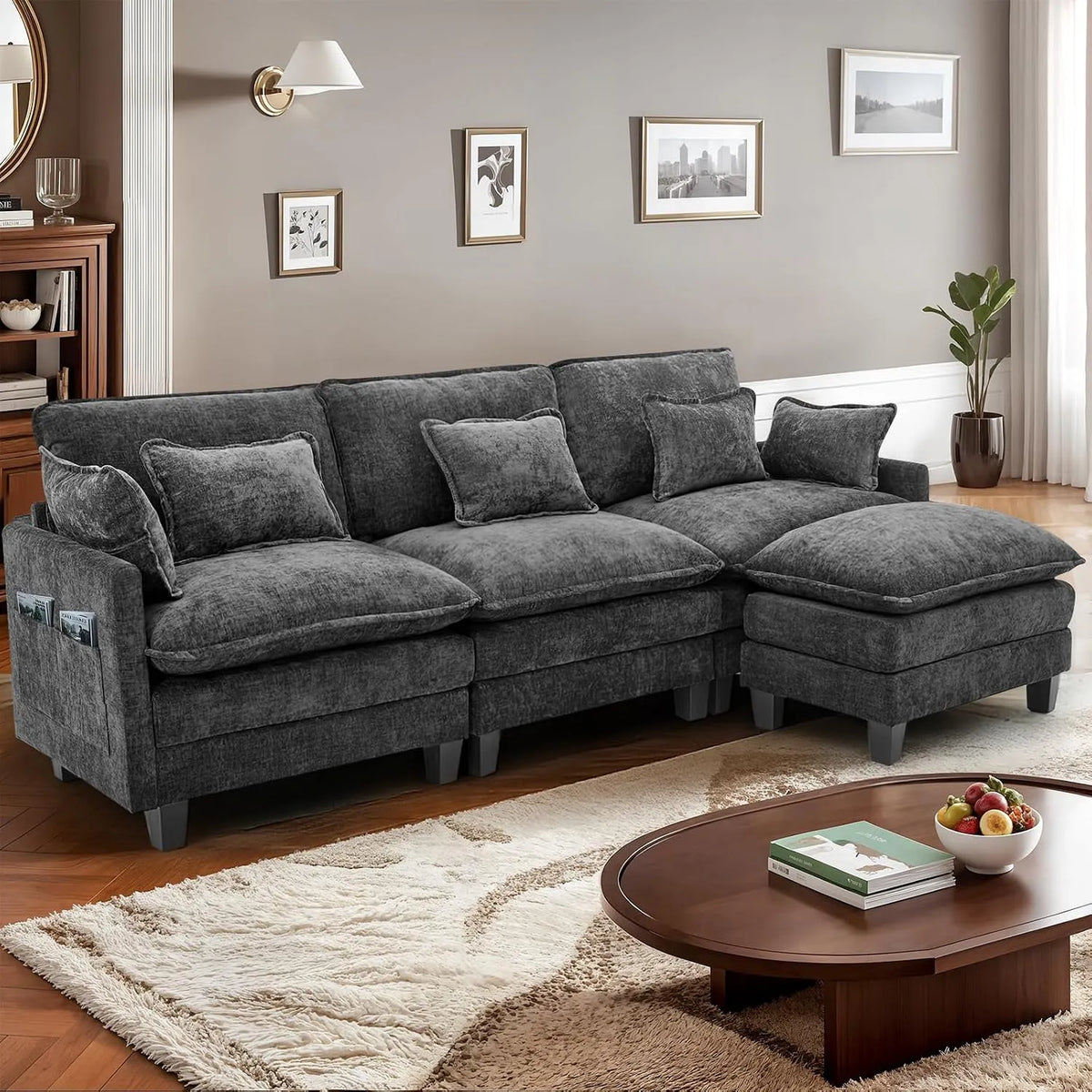 Eckmodul für Sofa — modular, L-Form, mit Chenille-Bezug, mit Kissen, schwarz
