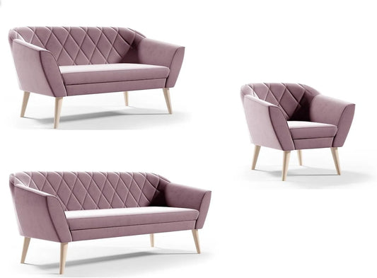 Couchgarnitur Gloria Wohnzimmerset 3+2+1 Sitzer Samt Hohe Holzfüße Buche Riviera — mit Samtbezug, rosa