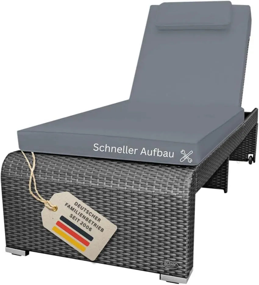 Gartenliege und Sonnenliege — mit Rückenlehne, wetterfest, aus Polyrattan, verstellbar, 200kg, grau, mit Rollen