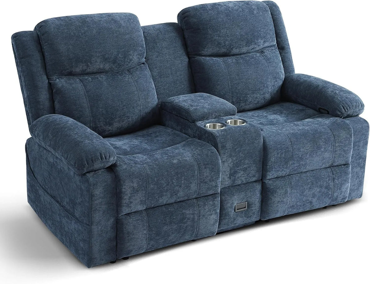 Relaxsessel und Fernsehsessel: mit Relaxfunktion, mit Chenille-Bezug, mit Schubladen, mit Liegefunktion, 2 Sitzer, 175 cm, blau, 2-Sitzer