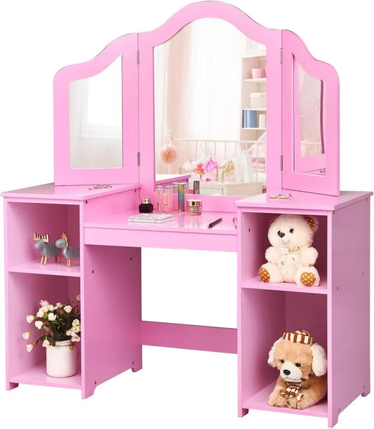 COSTWAY Schminktisch und Frisiertisch: für Kinder, aus Holz, mit Spiegel, rosa