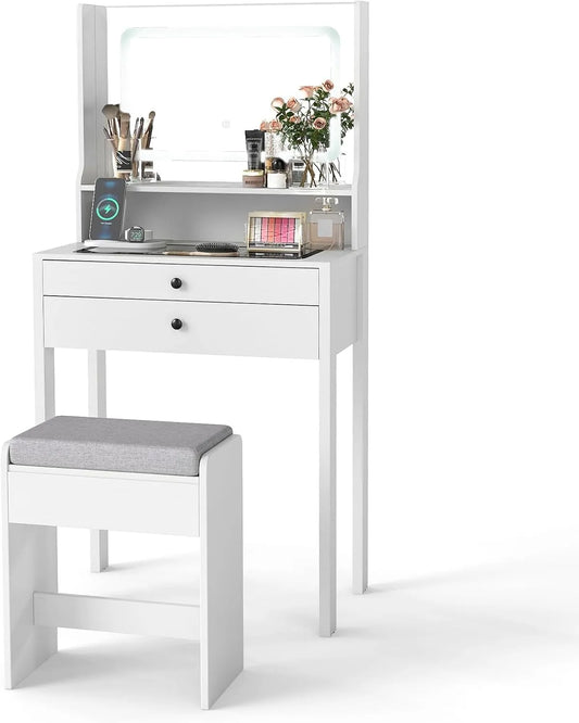COSTWAY Schminktisch und Frisiertisch – mit Schubladen, mit Spiegel, LED-Anzeige, 2 Schubladen, 64 × 40 × 132 cm, weiß