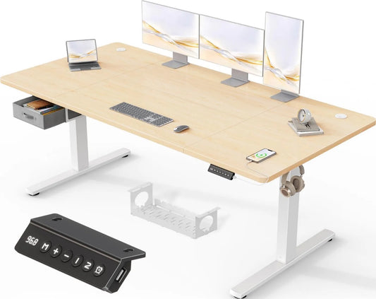Schreibtisch und Computertisch — USB-A, mit Schubladen, höhenverstellbar, mit USB-Anschluss, 180 × 80cm, beige
