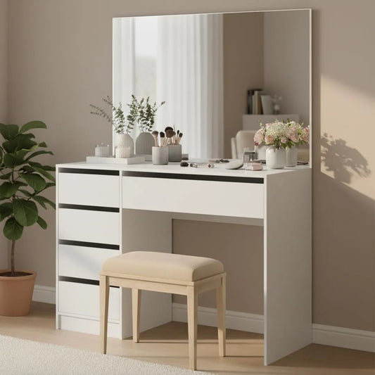 Schminktisch und Frisiertisch – mit Schubladen, mit Spiegel, 5 Schubladen, 110 × 70 cm, 110 × 77 × 53 cm, weiß
