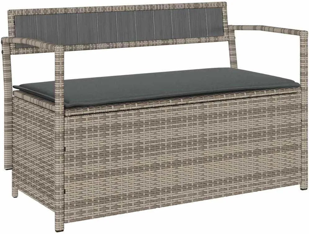 Gartenbank und Terrassenbank — mit Stauraum, mit Kissen, aus Polyrattan, grau