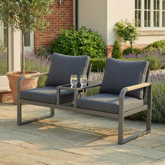 Gartensofa und Outdoor-Loungesofa: Balkonmöbel, aus Stahl, mit Armlehnen, 2 Sitzer, grau, 2-Sitzer