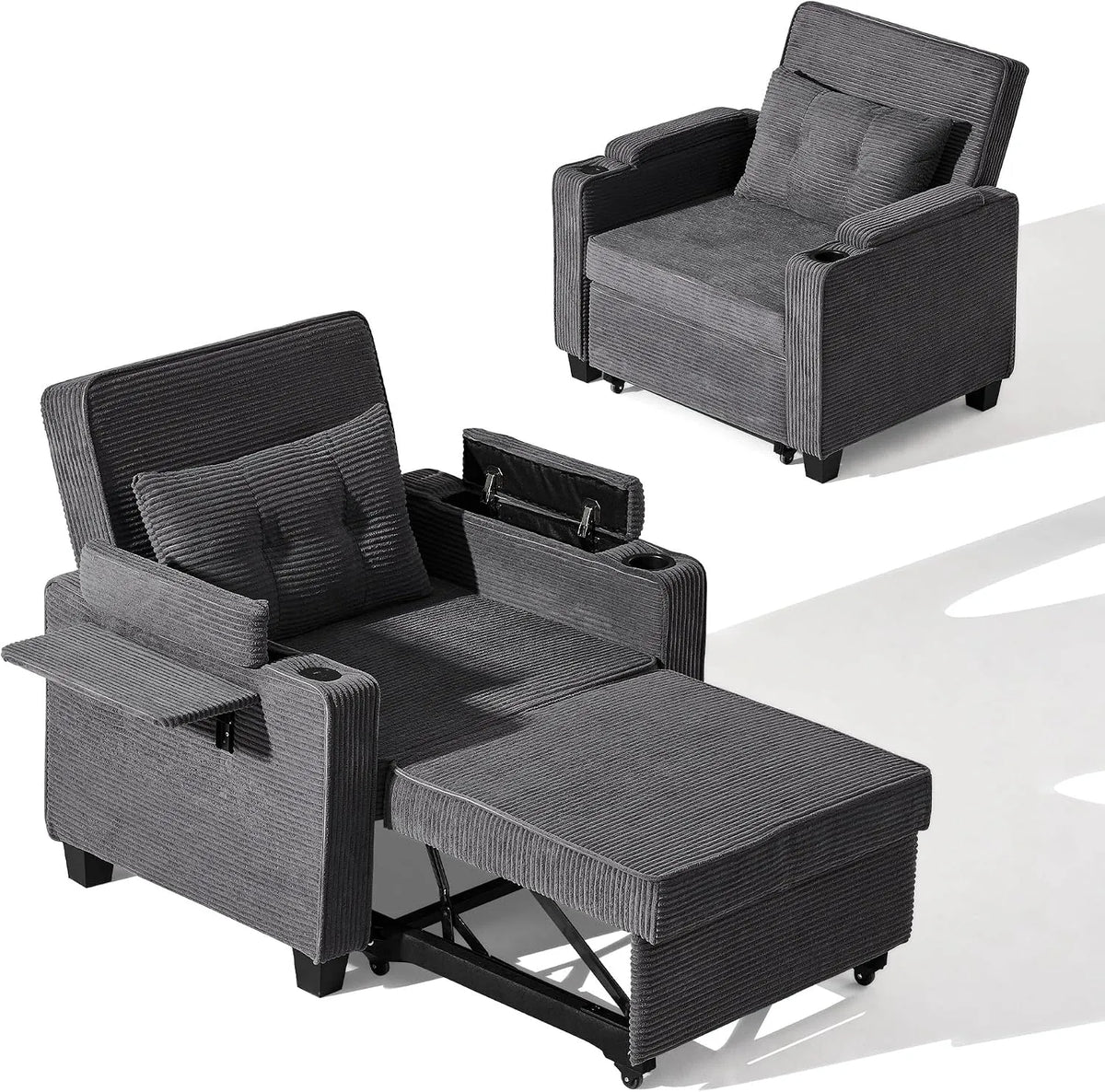 Schlafsofa und Sofabett – USB-C, mit Cordbezug, mit Stauraum, mit Schlaffunktion, ausziehbar, grau, verstellbar