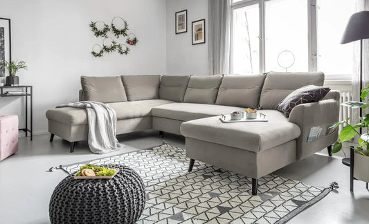 Ecksofa und Wohnlandschaft — U-Form, linke Ausrichtung, mit Bettkasten, mit Schlaffunktion, beige, mit Samtbezug, mit Stoffbezug