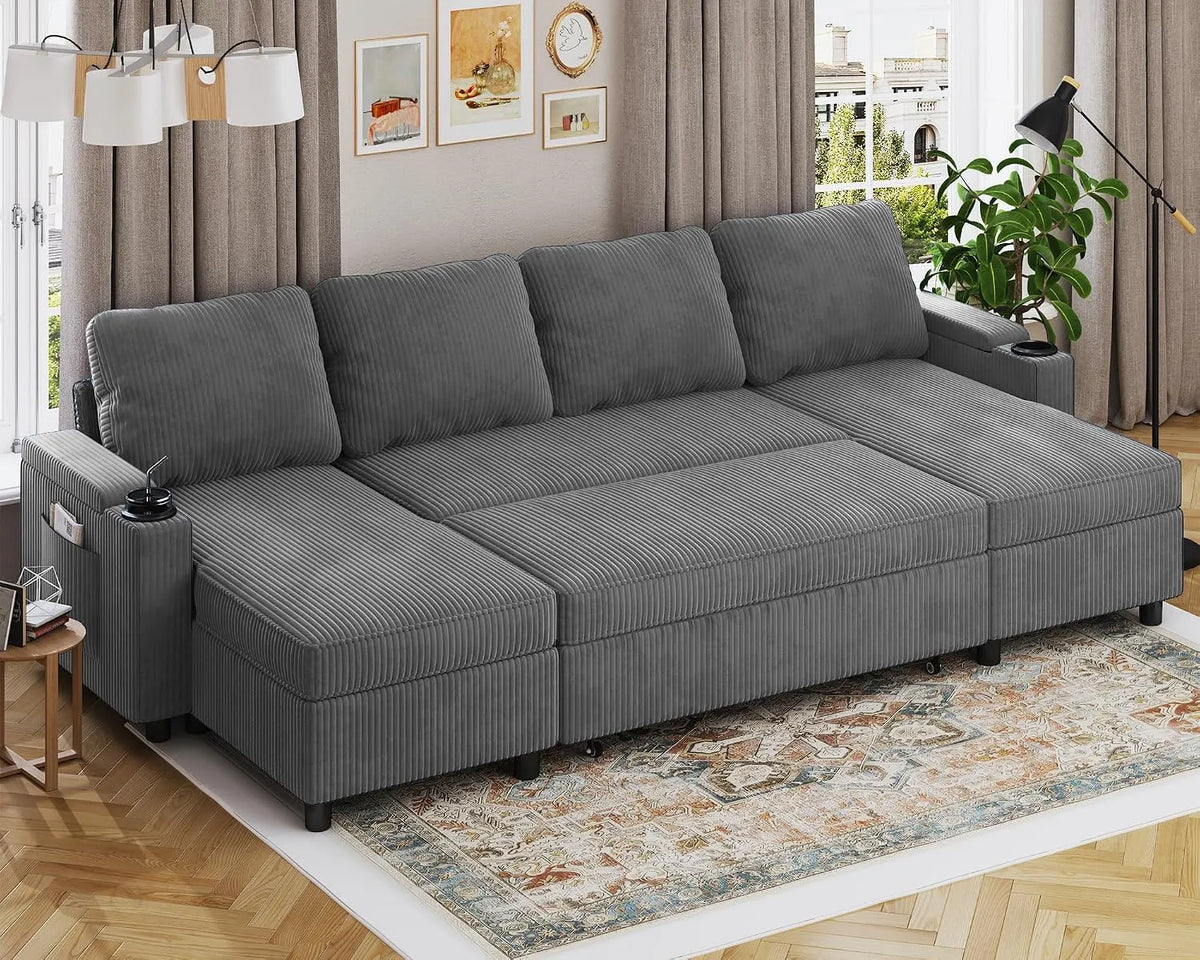Ecksofa und Wohnlandschaft — Leinen Couch, U-Form, mit Bettkasten, mit Schlaffunktion, ausziehbar, 4-Sitzer, grau