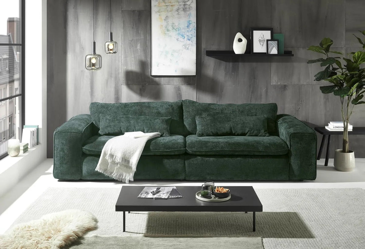 Sofa – Vince, tiefe Sitzfläche, mit Stoffbezug, mit Kissen, 300 cm