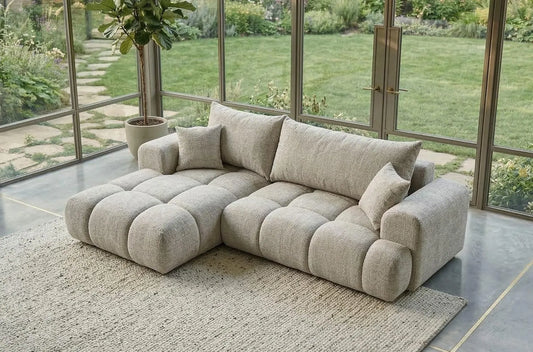 Sofa: L-Form, linke Ausrichtung, mit Cordbezug, mit Bettkasten, beige, mit Schlaffunktion