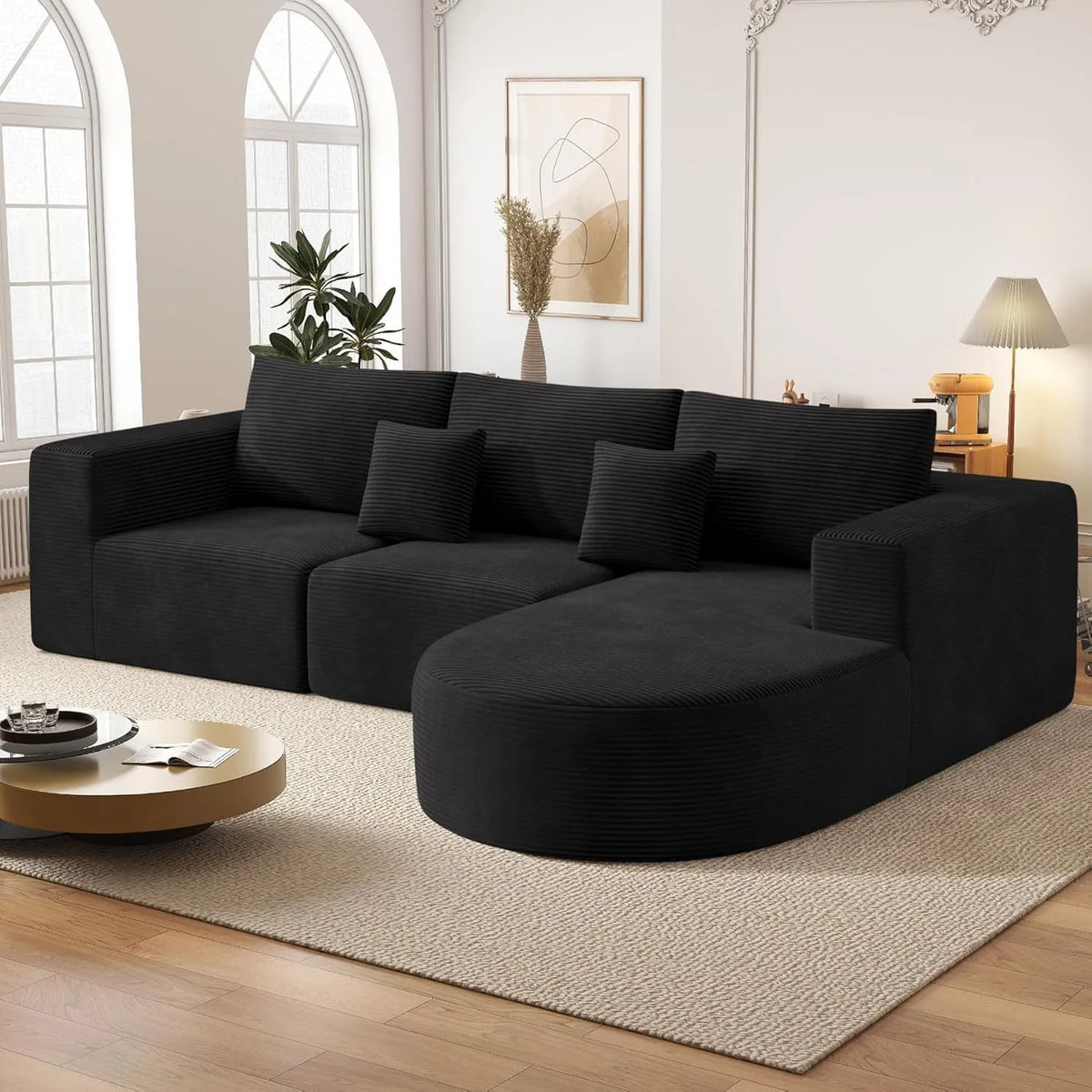 Ecksofa und Wohnlandschaft — L-Form Couch, rechte Ausrichtung, mit Cordbezug, mit Schlaffunktion, 3 sitzer, 264 × 177 × 59cm, schwarz, 3-Sitzer