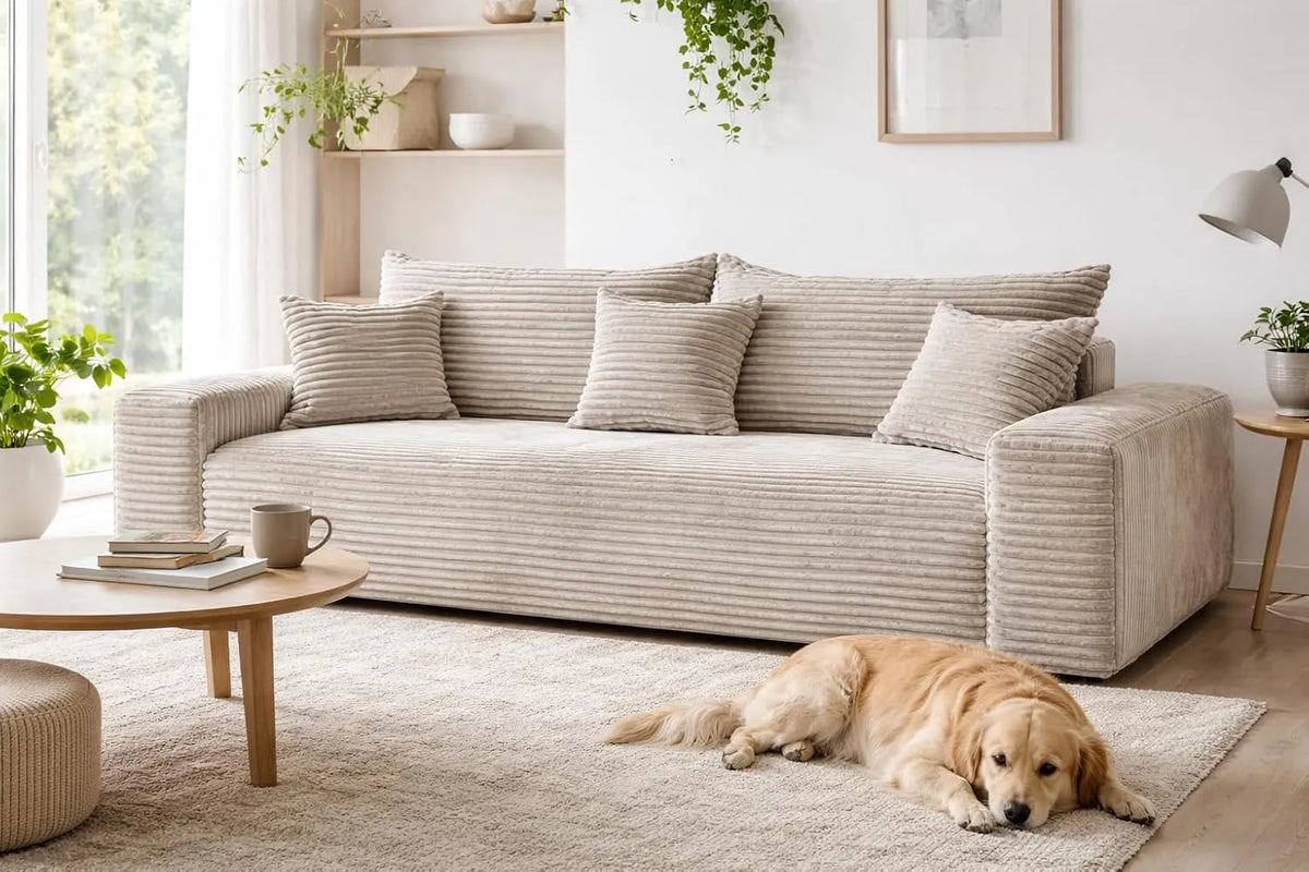 Schlafsofa und Sofabett – TILIA, mit Cordbezug, mit Bettkasten, mit Kissen, 3-Sitzer, 265×150 cm, beige