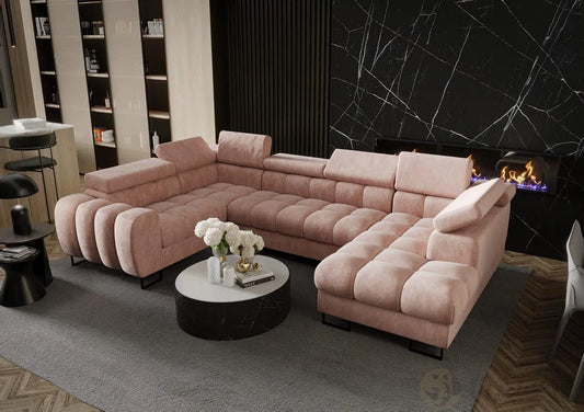 Ecksofa und Wohnlandschaft – Aspen MAX, U-Form, linke Ausrichtung, mit Bettkasten, mit Schlaffunktion, 195 × 350 × 170 cm, rosa