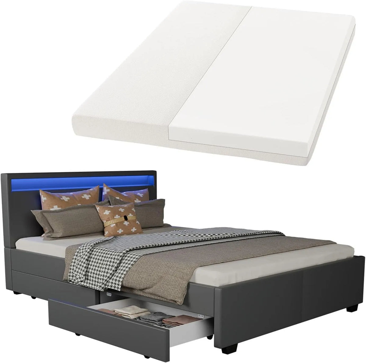Polsterbett und gepolstertes Bettgestell — mit Bettkasten, mit Lattenrost, LED-Anzeige, 140 × 200 cm, grau