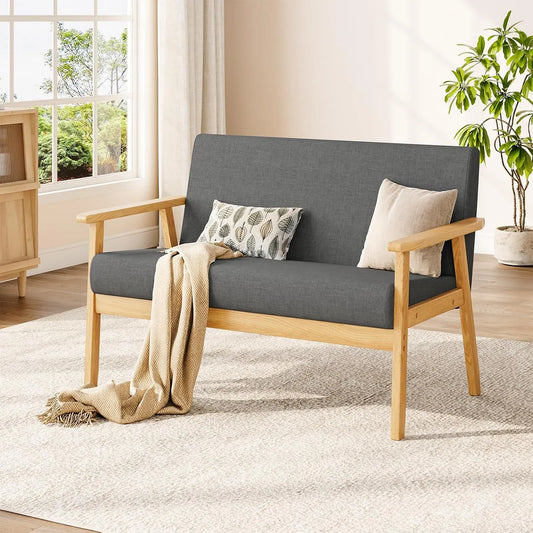 Sofa — Couch Modern, aus Holz, im skandinavischen Stil, 2 Sitzer, 113 × 67 × 75cm, grau, mit Stoffbezug, 2-Sitzer