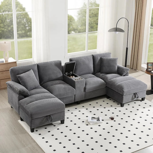 Modulares Sofa – U-Form, mit Cordbezug, mit Stauraum, 4-Sitzer, 293 cm, grau, mit Schlaffunktion, mit USB-Anschluss