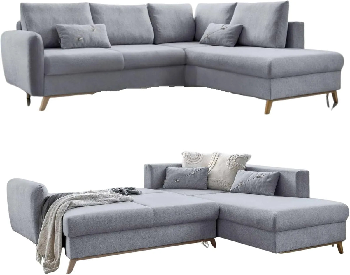 Ecksofa und Wohnlandschaft – L-Form, rechte Ausrichtung, mit Schlaffunktion, klappbar, 6 Sitzer, 242 × 202 × 90cm, grau, 6-Sitzer