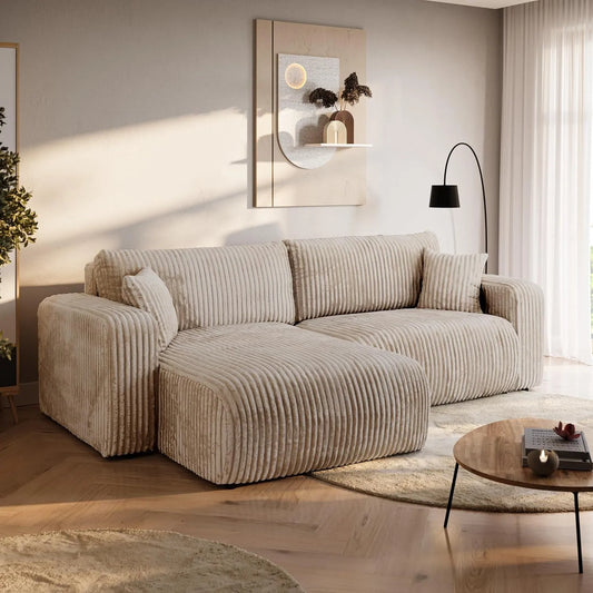 Ecksofa und Wohnlandschaft: TILIO, L-Form, mit Cordbezug, mit Stauraum, mit Bettkasten, 3 Sitzer, 244 × 148 × 82 cm, mit Schlaffunktion