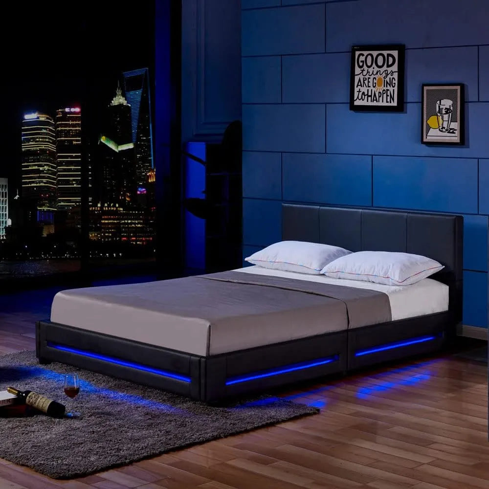 Polsterbett und gepolstertes Bettgestell: mit Lattenrost, LED-Anzeige, 160 × 200 cm, schwarz
