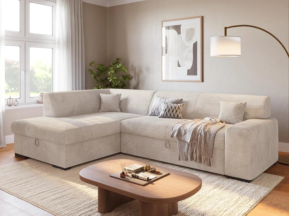 Ecksofa und Wohnlandschaft — linke Ausrichtung, mit Cordbezug, mit Bettkasten, mit Schlaffunktion, 3 sitzer, 260 cm, mit Stoffbezug, 3-Sitzer
