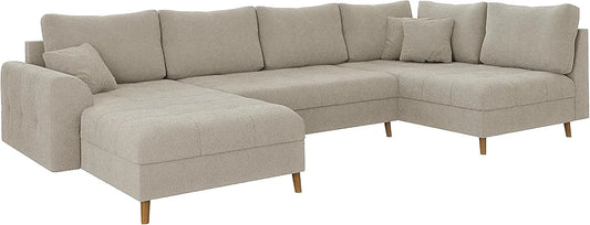 Ecksofa und Wohnlandschaft — Eckcouch Sofa, Kratzschutz, linke Ausrichtung, freistehend, aus Massivholz, 6 Sitzer, beige, mit Stoffbezug