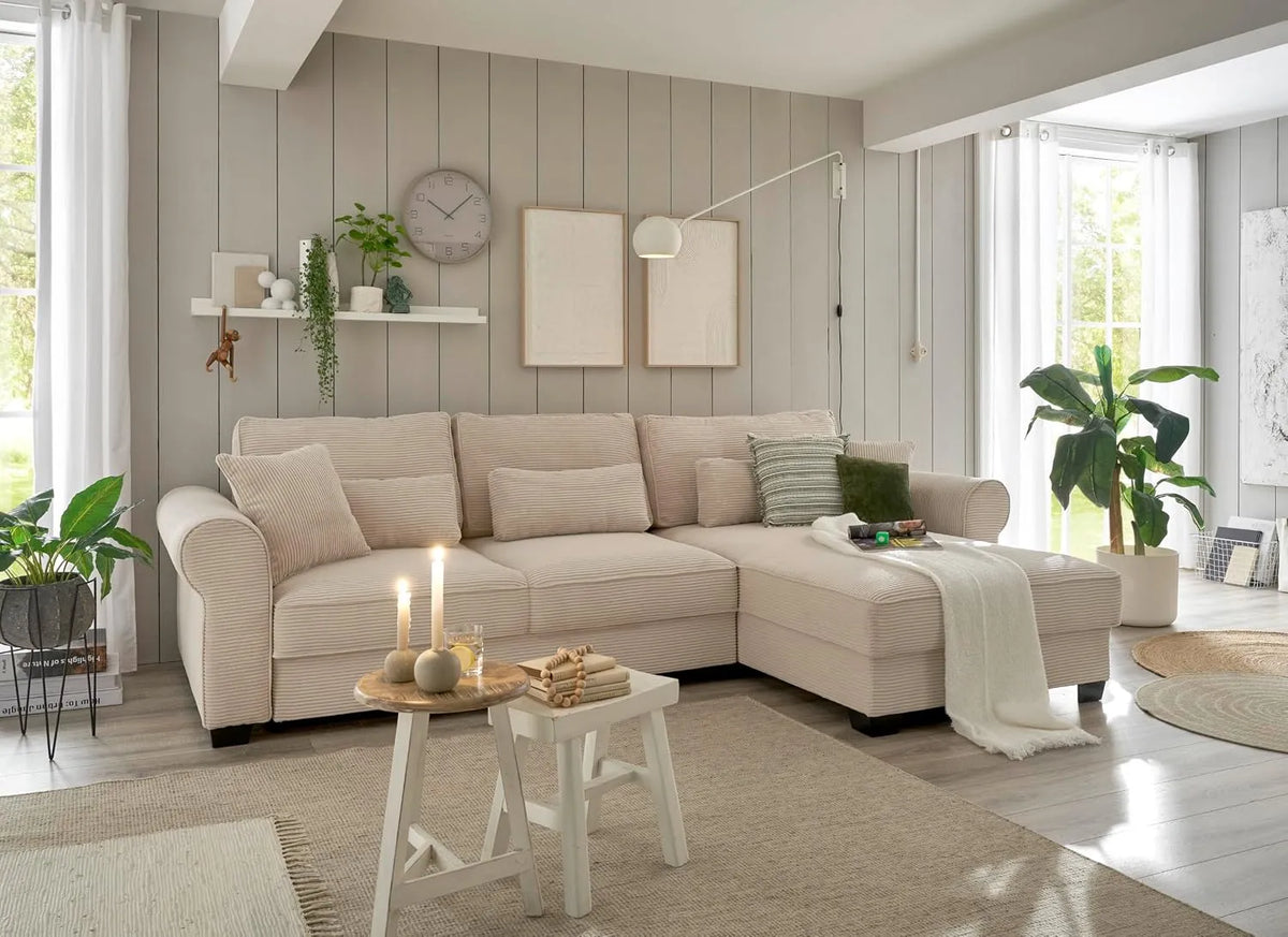 Ecksofa und Wohnlandschaft: Angelina, L-Form, mit Cordbezug, mit Bettkasten, mit Schlaffunktion, 318 × 93 × 197 cm, beige