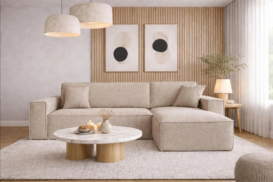 Ecksofa und Wohnlandschaft — Best, L-Form, rechte Ausrichtung, freistehend, mit Bettkasten, beige, mit Schlaffunktion, mit Stoffbezug
