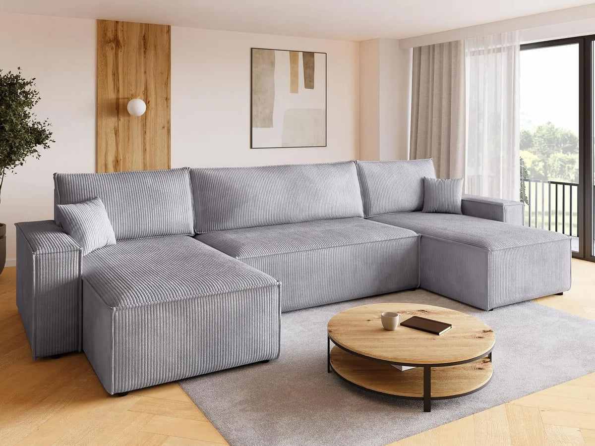 Ecksofa und Wohnlandschaft – ADI, mit Cordbezug, mit Bettkasten, mit Schlaffunktion, 5 sitzer, 312 × 143 × 85 cm, grau, 5-Sitzer