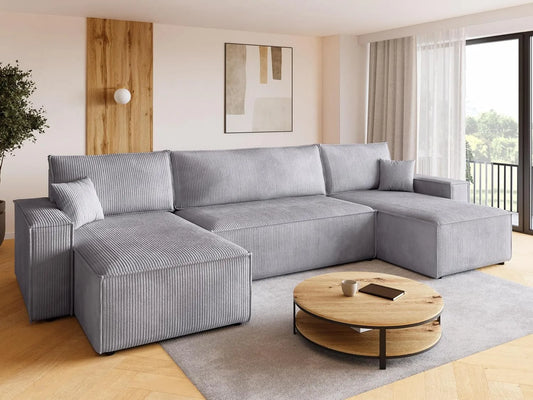 Ecksofa und Wohnlandschaft – ADI, mit Cordbezug, mit Bettkasten, mit Schlaffunktion, 5 sitzer, 312 × 143 × 85 cm, grau, 5-Sitzer