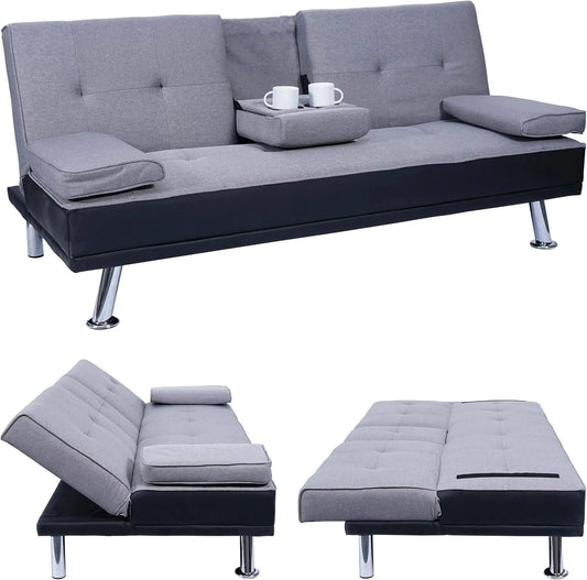 Schlafsofa und Sofabett — HWC-F60, Gästebett, aus PU-Leder, verstellbar, 97 × 166cm, grau