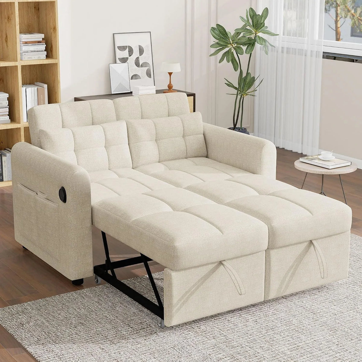 Schlafsofa und Sofabett – ausziehbar, mit Armlehnen, mit Rückenlehne, mit USB-Anschluss, 2-Sitzer, 2 Seat, beige, verstellbar, mit Stoffbezug