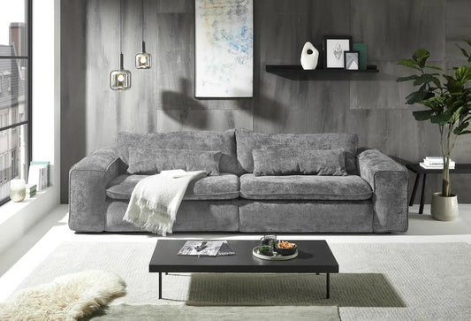 Sofa — Vince, tiefe Sitzfläche, mit Stoffbezug, mit Kissen, 300 cm, grau