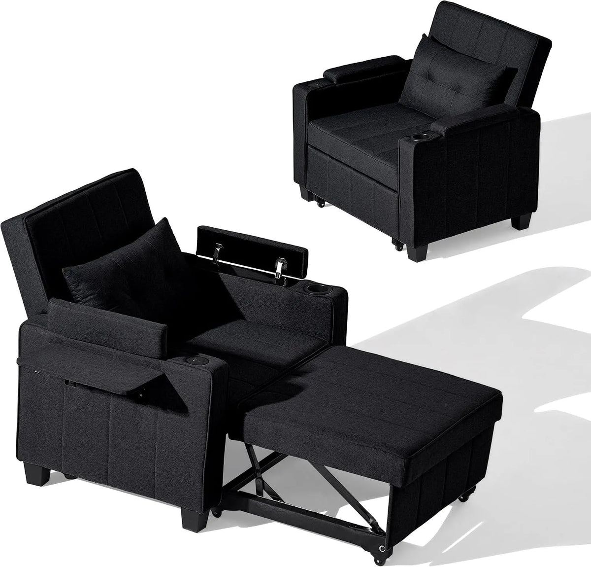 Schlafsofa und Sofabett — USB-C, mit Stauraum, mit Schlaffunktion, ausziehbar, mit Rückenlehne, schwarz, verstellbar