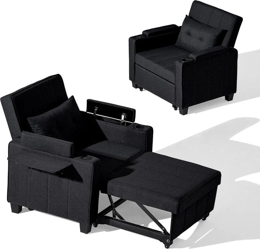 Schlafsofa und Sofabett — USB-C, mit Stauraum, mit Schlaffunktion, ausziehbar, mit Rückenlehne, schwarz, verstellbar