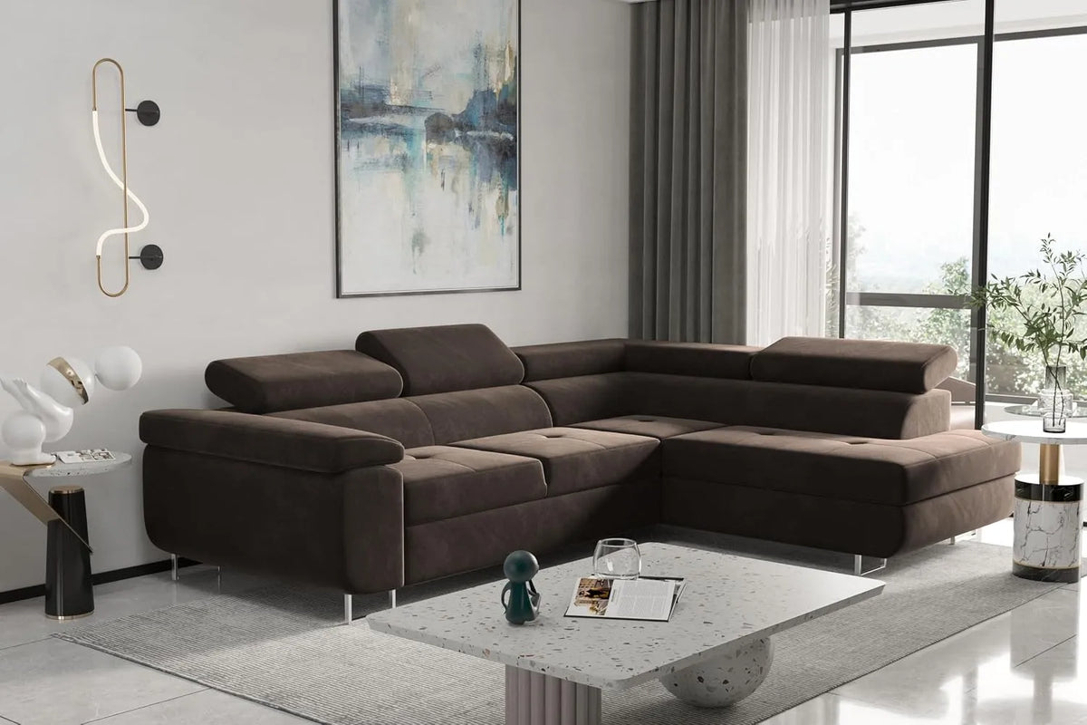 Ecksofa und Wohnlandschaft – Atom Lux, rechte Ausrichtung, freistehend, mit Bettkasten, mit Schlaffunktion, braun, mit Stoffbezug