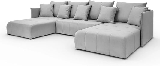 Ecksofa und Wohnlandschaft – Schlafcouch Wohnzimmersofa, mit Bettkasten, mit Schlaffunktion, mit Kissen, 5 Sitzer, 348 × 188 cm, grau, 5-Sitzer