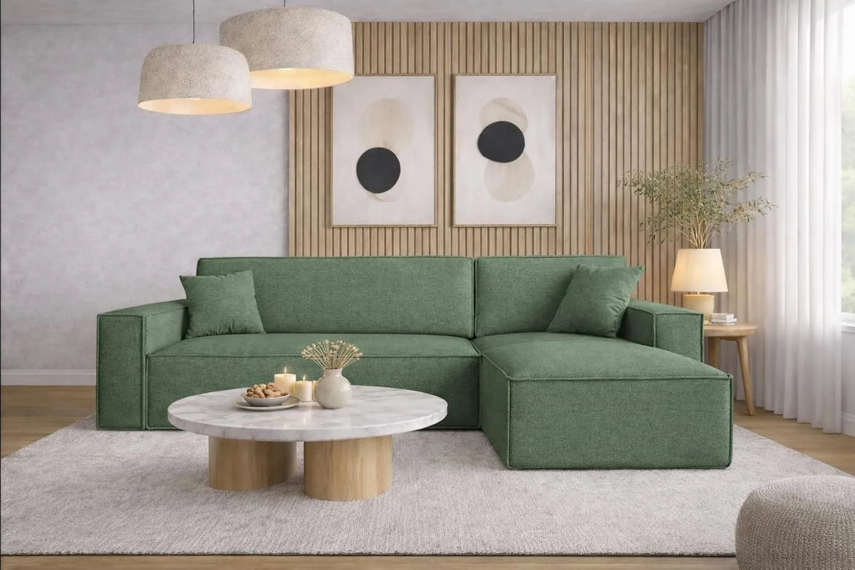 Ecksofa und Wohnlandschaft — Best, L-Form, rechte Ausrichtung, freistehend, mit Bettkasten, grün, mit Schlaffunktion, mit Stoffbezug