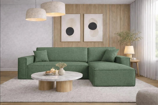 Ecksofa und Wohnlandschaft — Best, L-Form, rechte Ausrichtung, freistehend, mit Bettkasten, grün, mit Schlaffunktion, mit Stoffbezug
